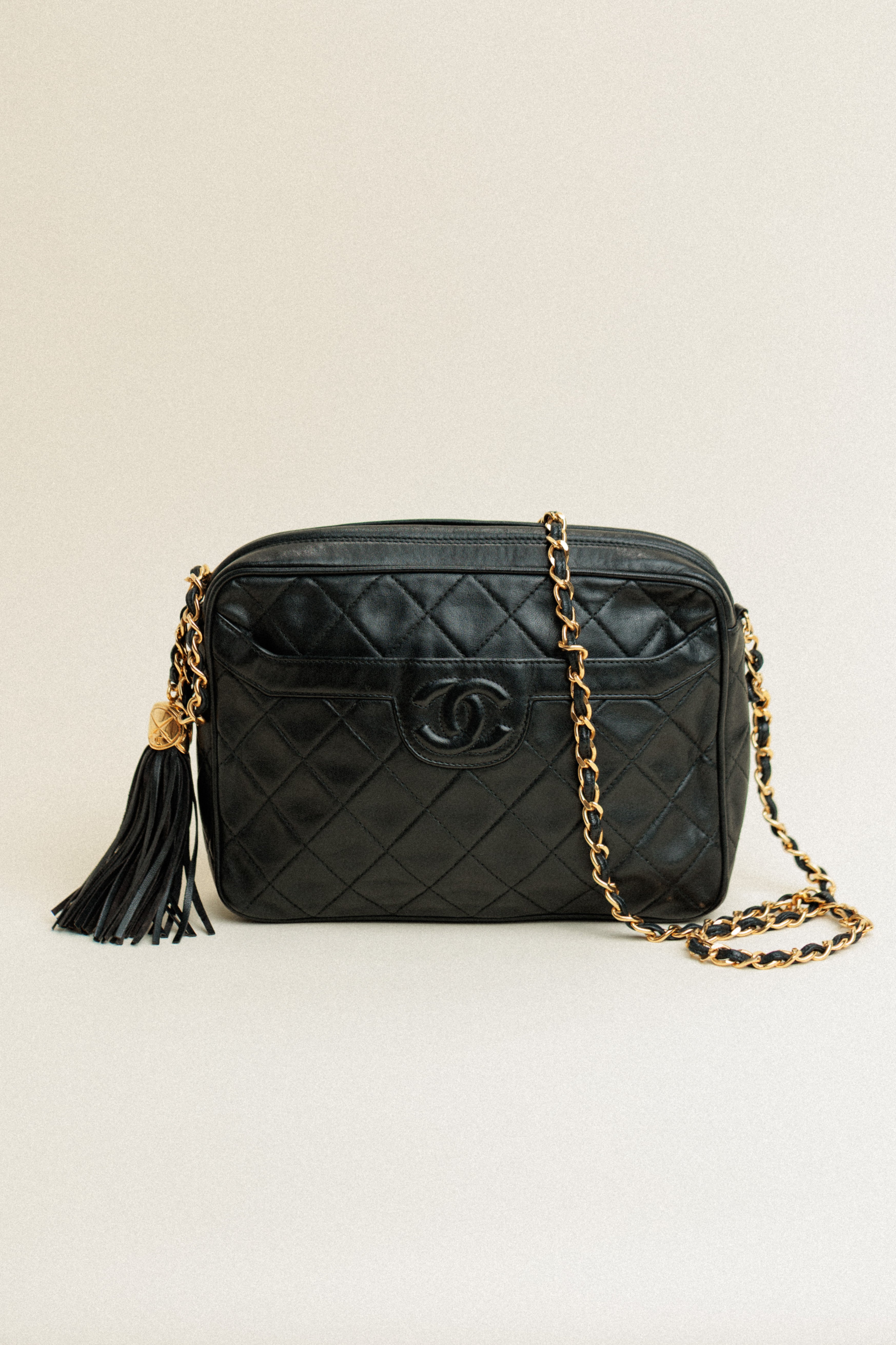 Chanel Vintage Lambskin Quilted Small Diamond CC Camera Case  with Exterior Pocket Black