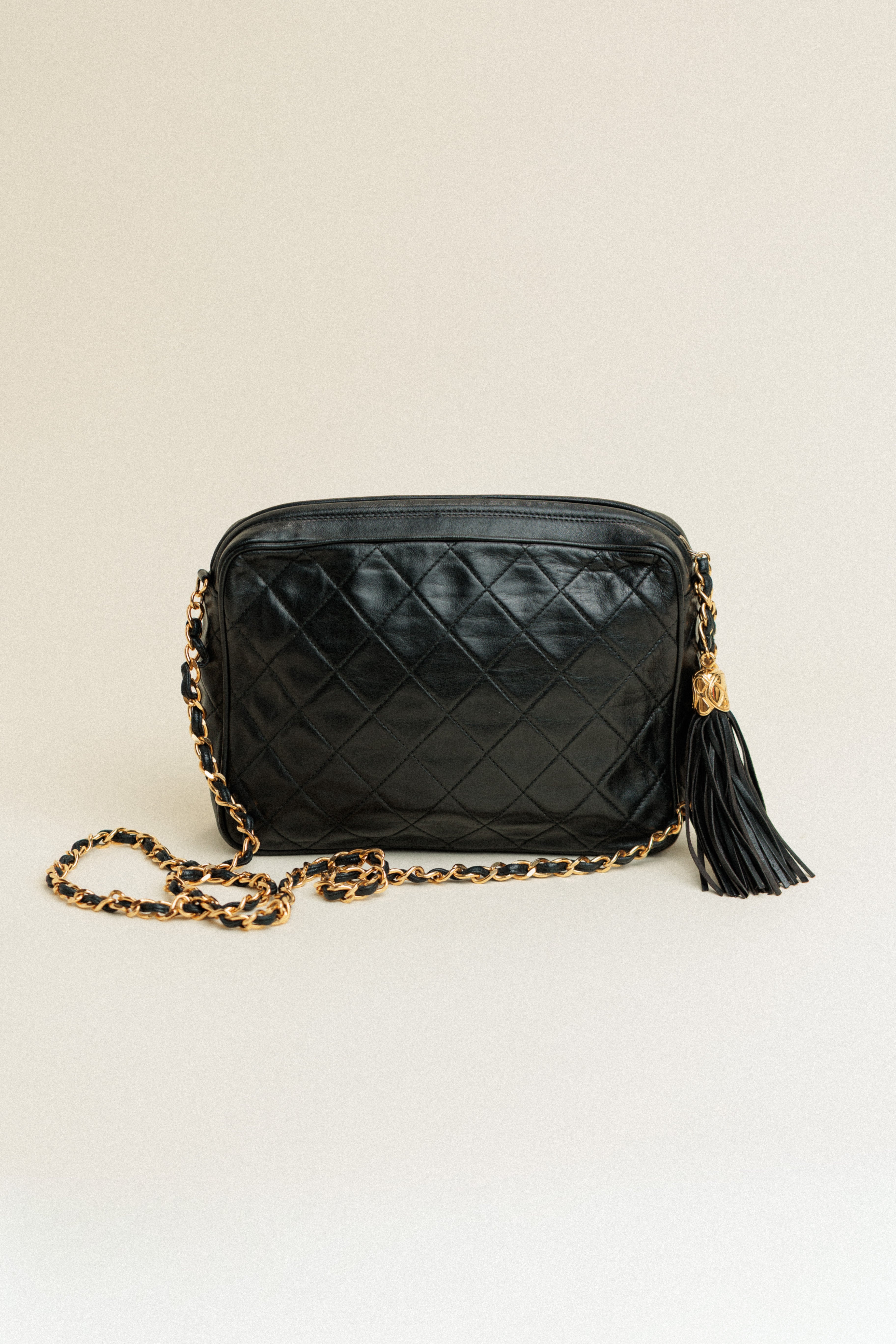Chanel Vintage Lambskin Quilted Small Diamond CC Camera Case  with Exterior Pocket Black