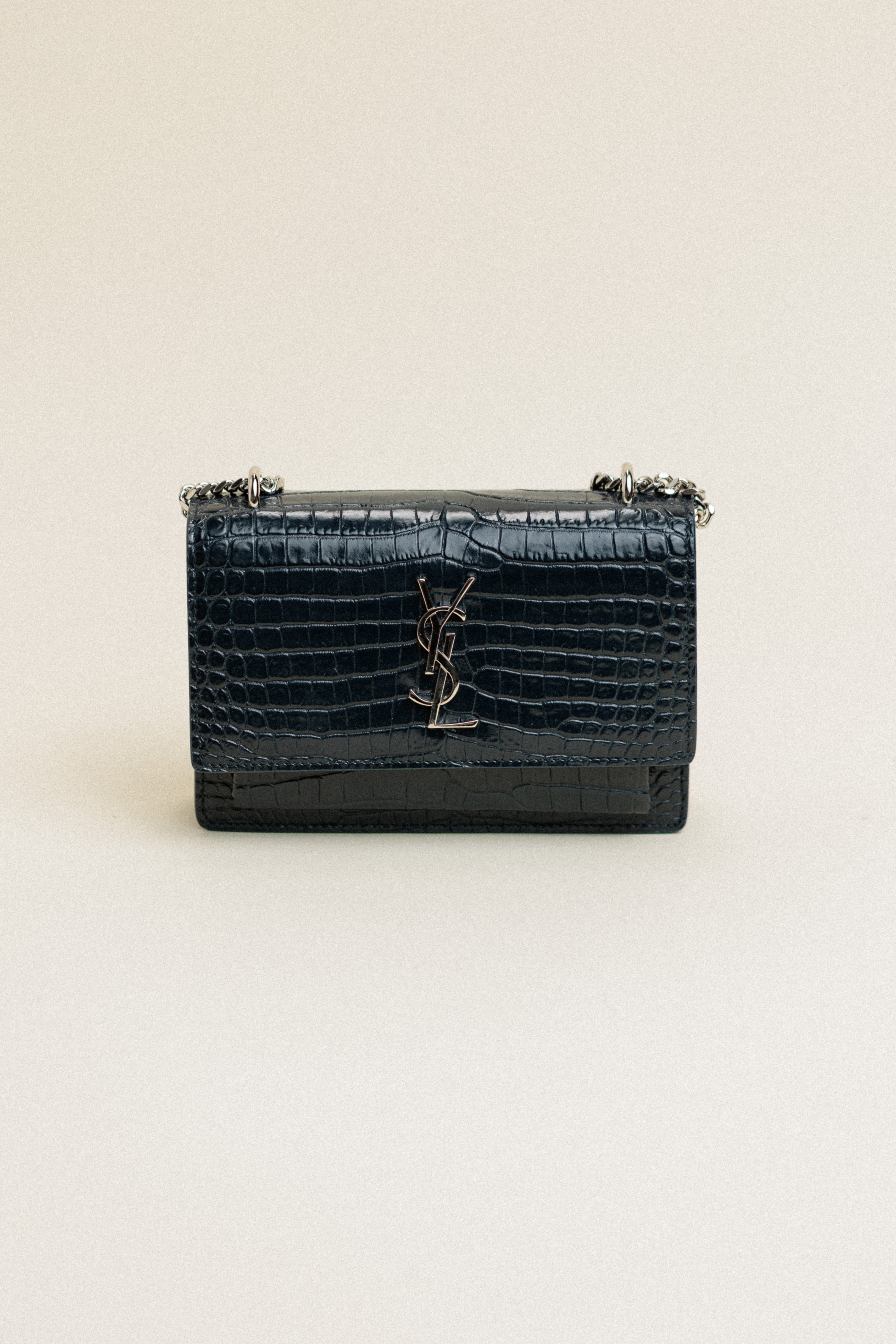 Saint Laurent Croc Embossed Wallet on a Chain Navy