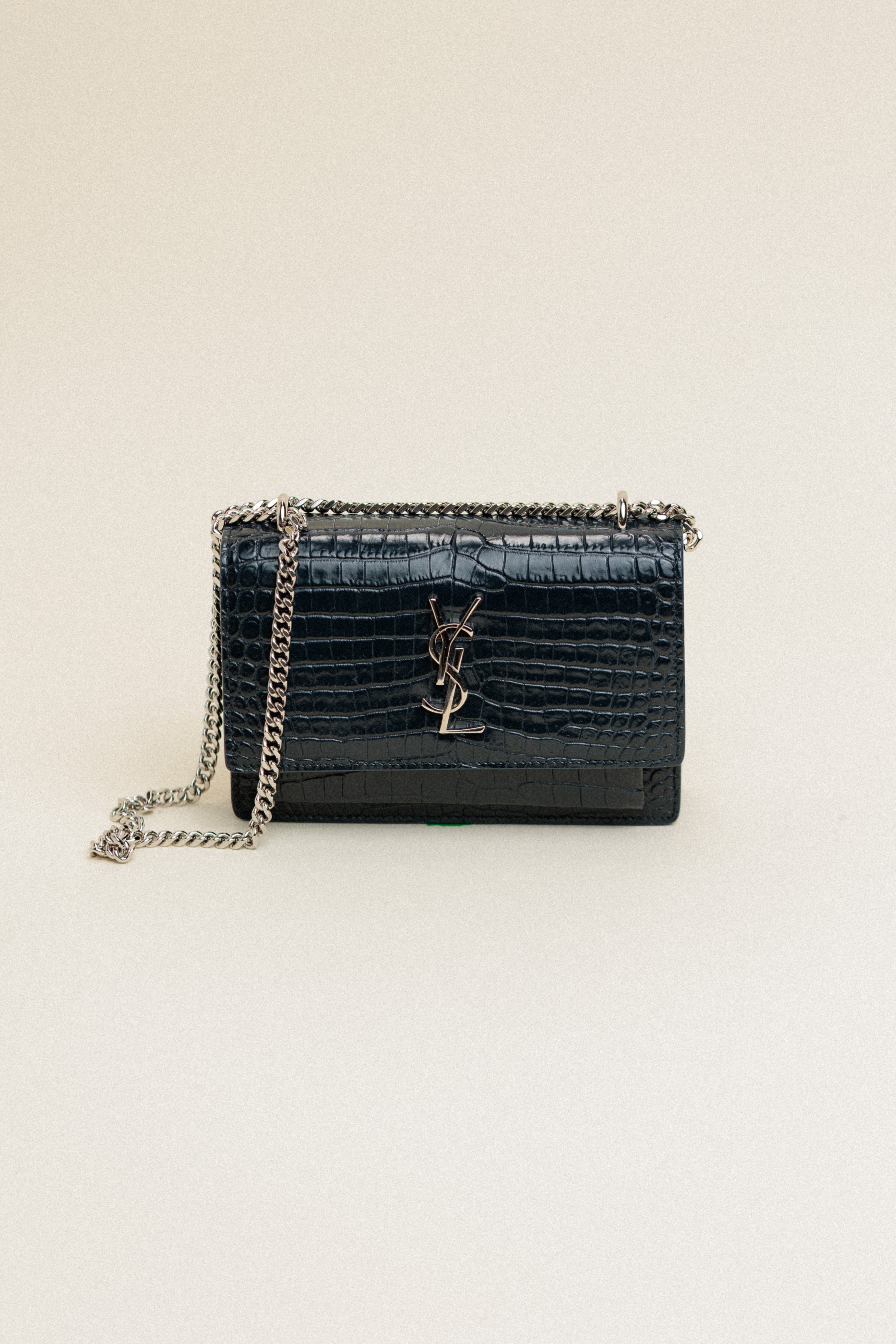 Saint Laurent Croc Embossed Wallet on a Chain Navy