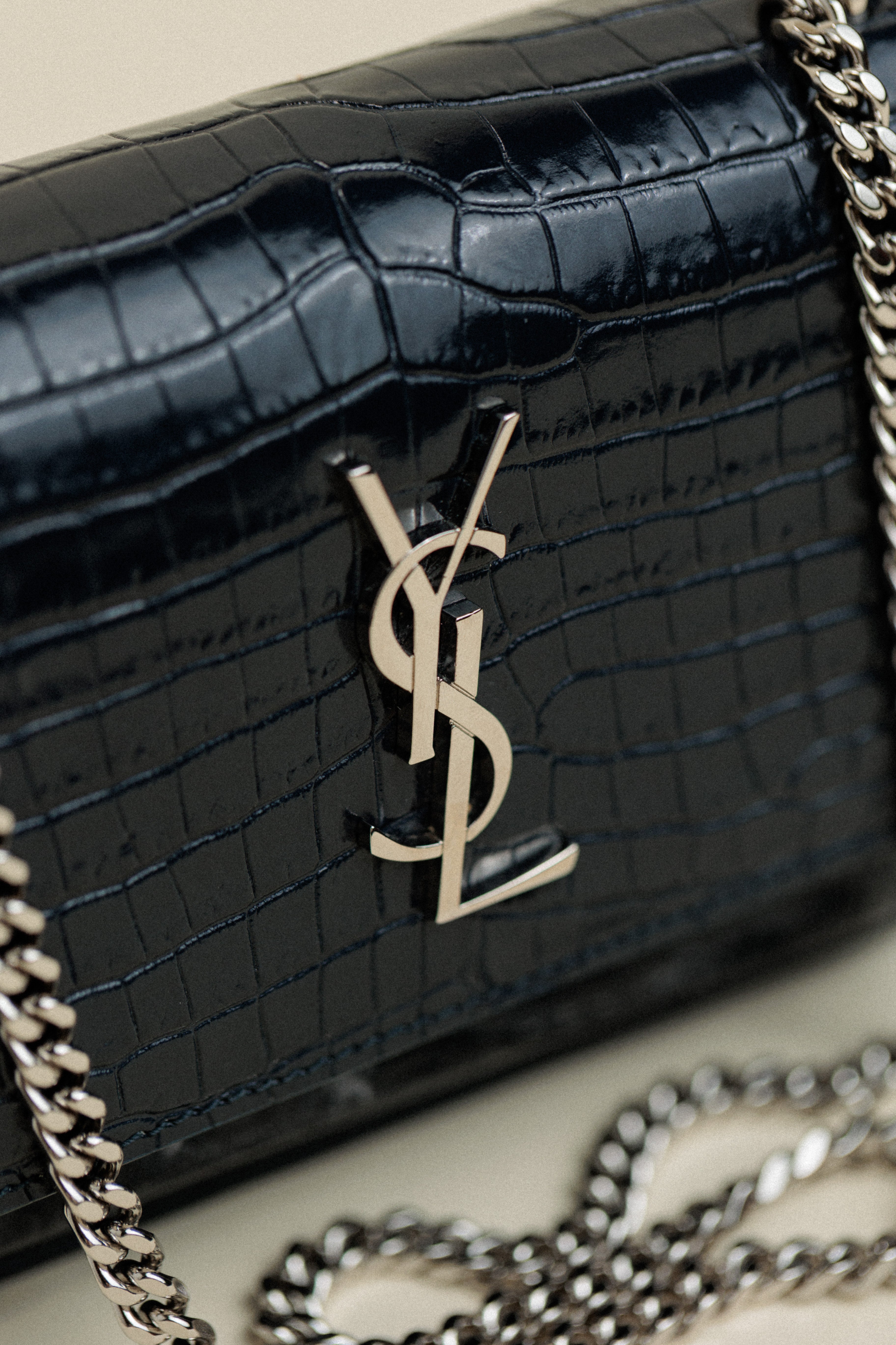 Saint Laurent Croc Embossed Wallet on a Chain Navy