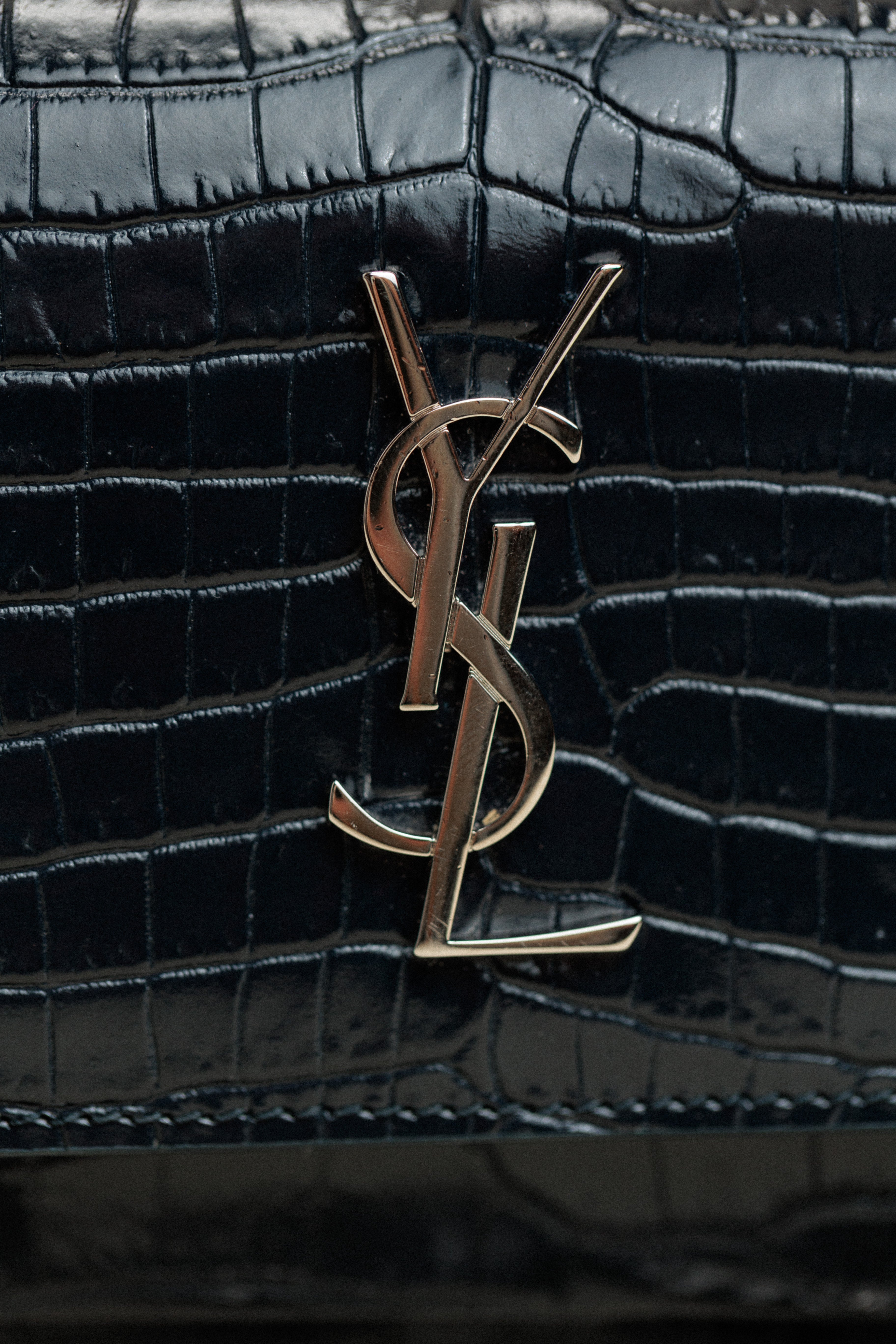 Saint Laurent Croc Embossed Wallet on a Chain Navy