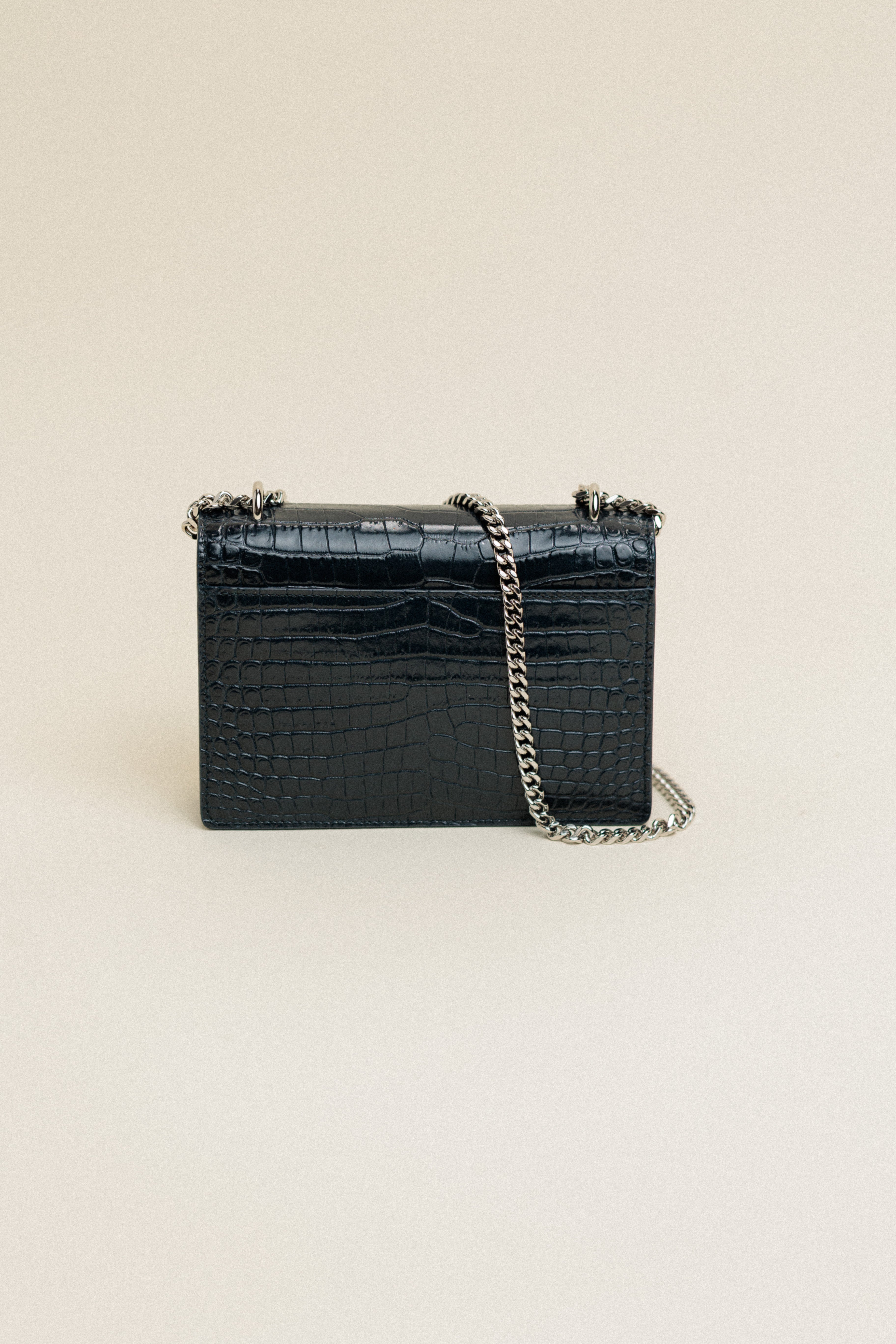 Saint Laurent Croc Embossed Wallet on a Chain Navy