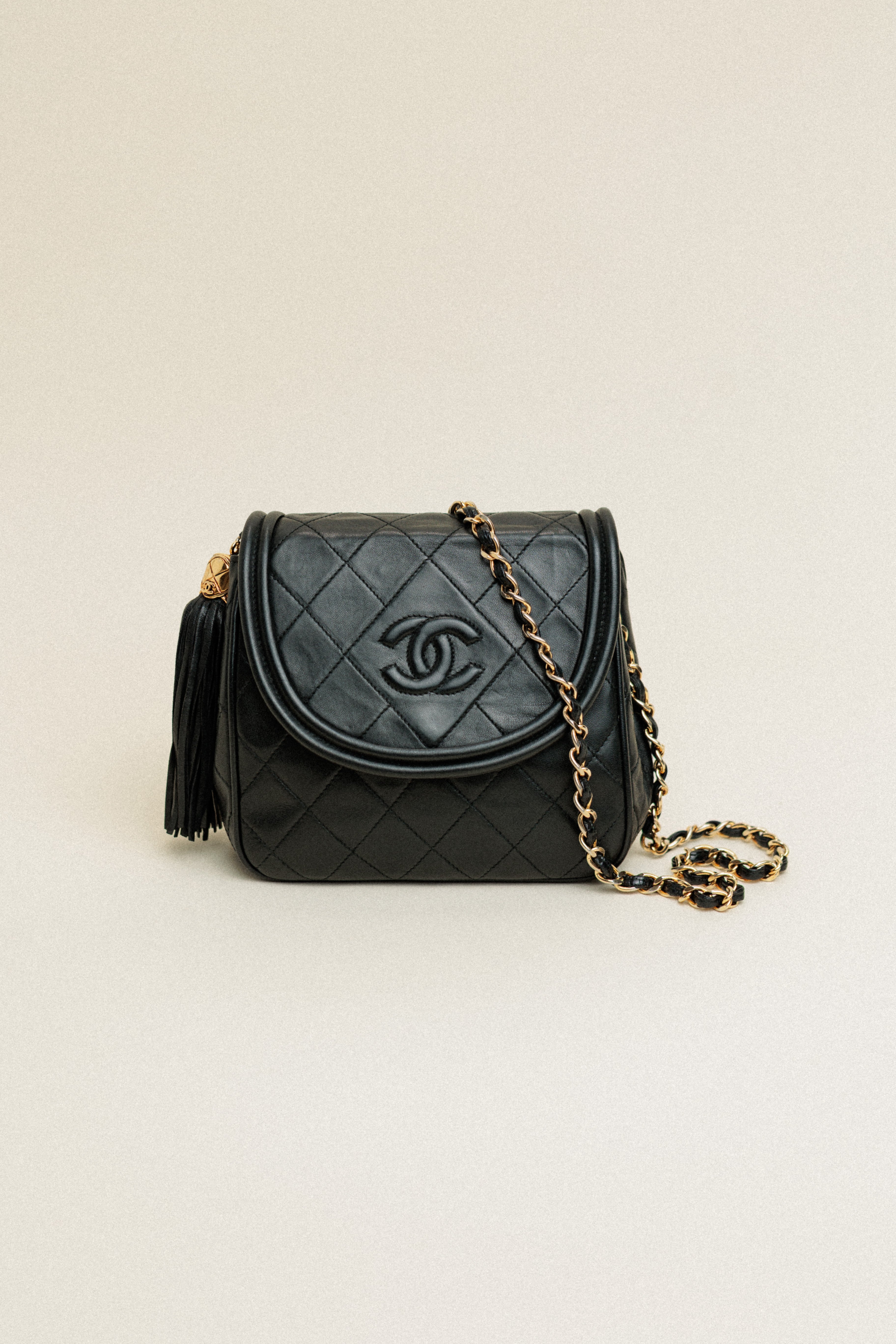 Chanel Vintage Flap Diamond CC Quilted Lambskin Shoulder Bag with Tassel Black