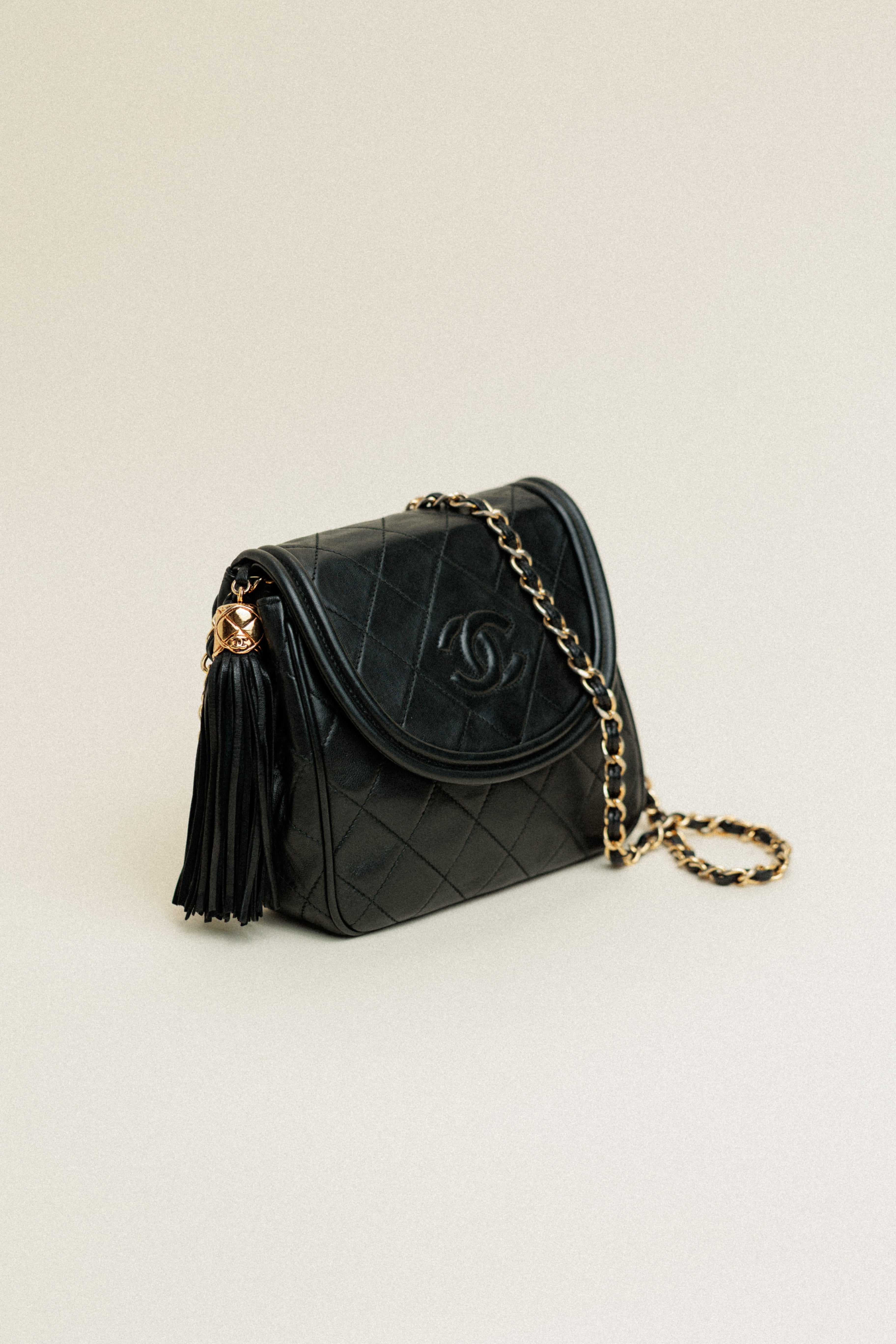Chanel Vintage Flap Diamond CC Quilted Lambskin Shoulder Bag with Tassel Black