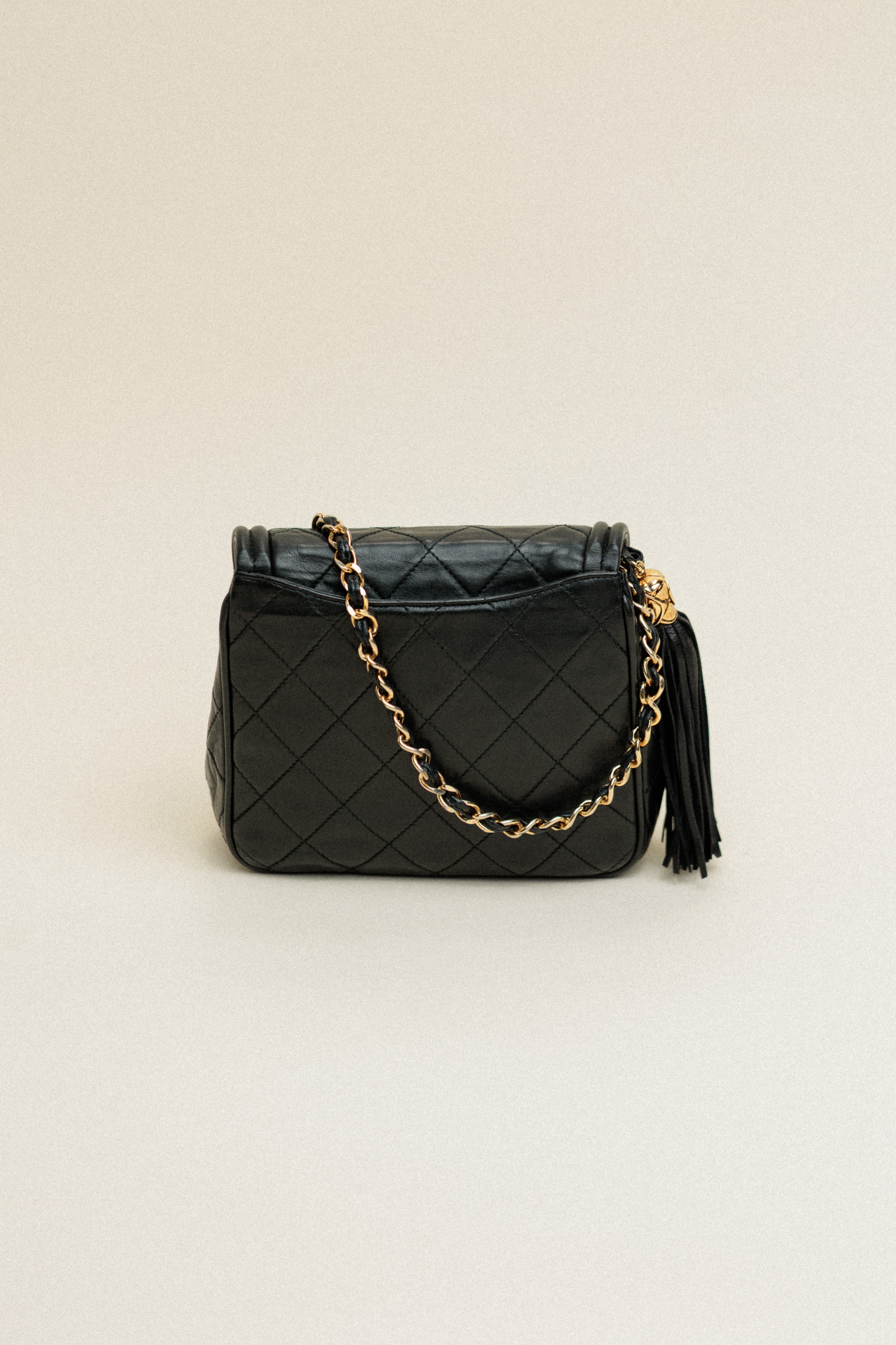 Chanel Vintage Flap Diamond CC Quilted Lambskin Shoulder Bag with Tassel Black