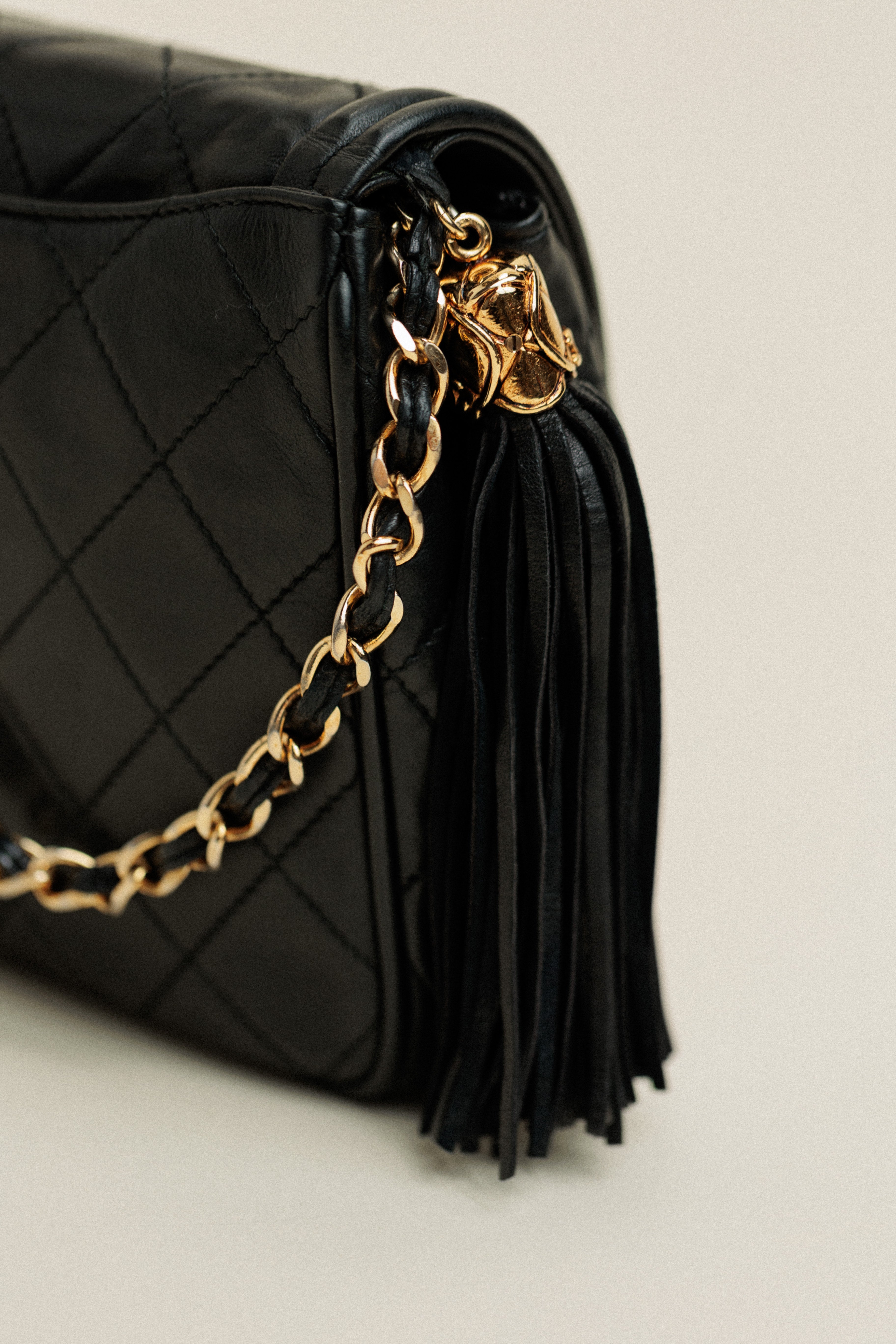 Chanel Vintage Flap Diamond CC Quilted Lambskin Shoulder Bag with Tassel Black
