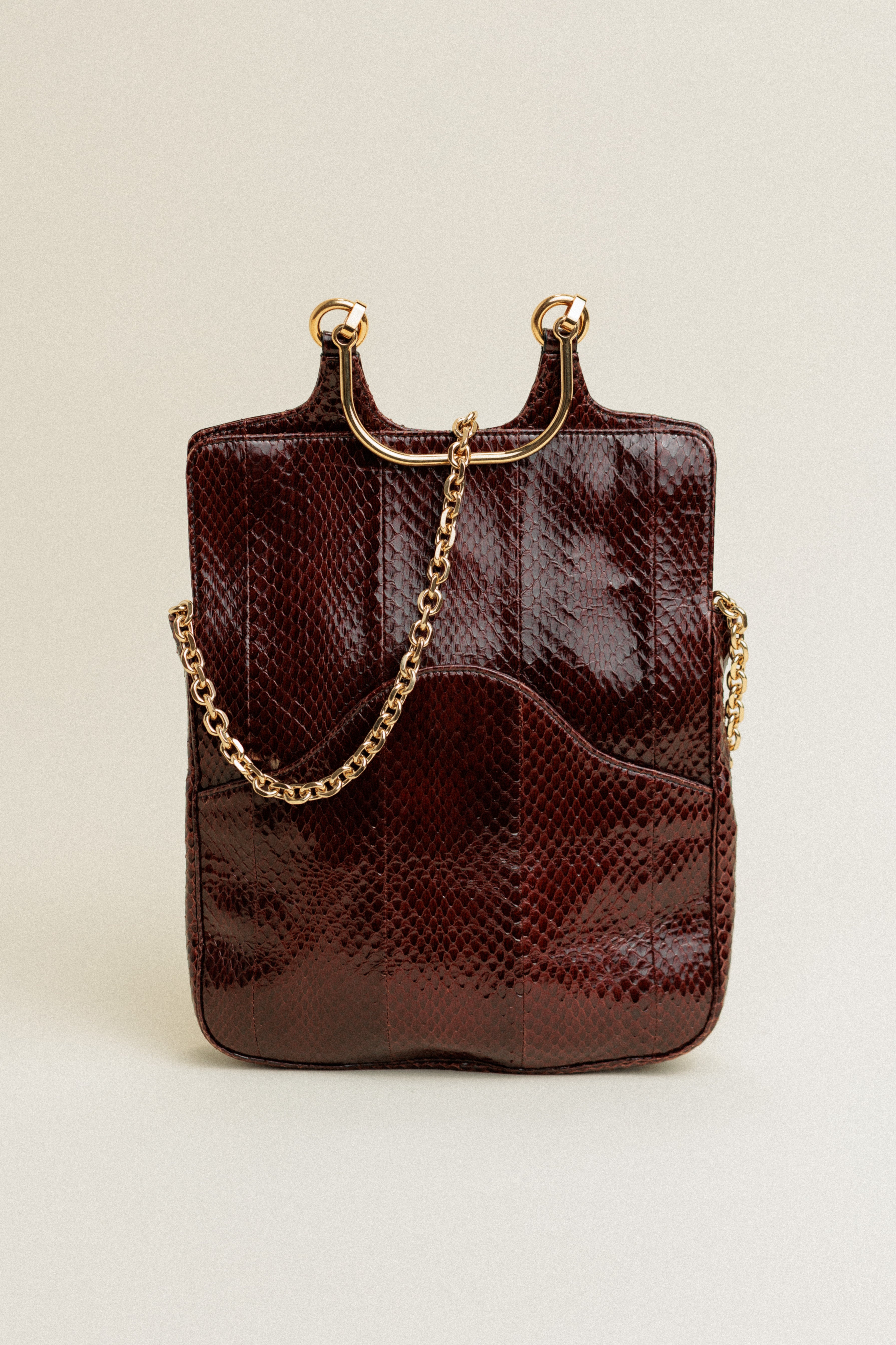 Celine Vintage Python Leather Handbag with Gold Tone Hardware