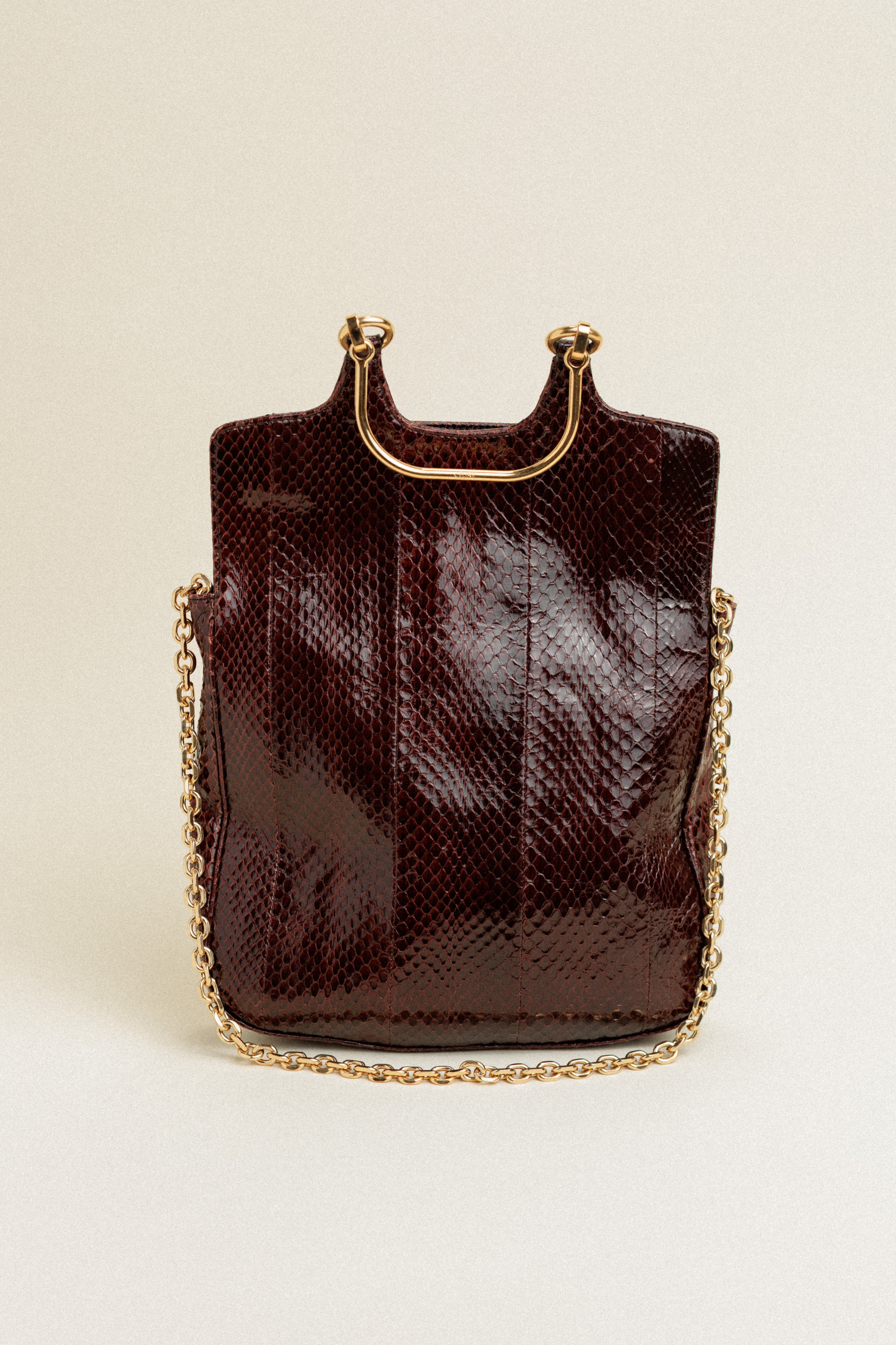 Celine Vintage Python Leather Handbag with Gold Tone Hardware