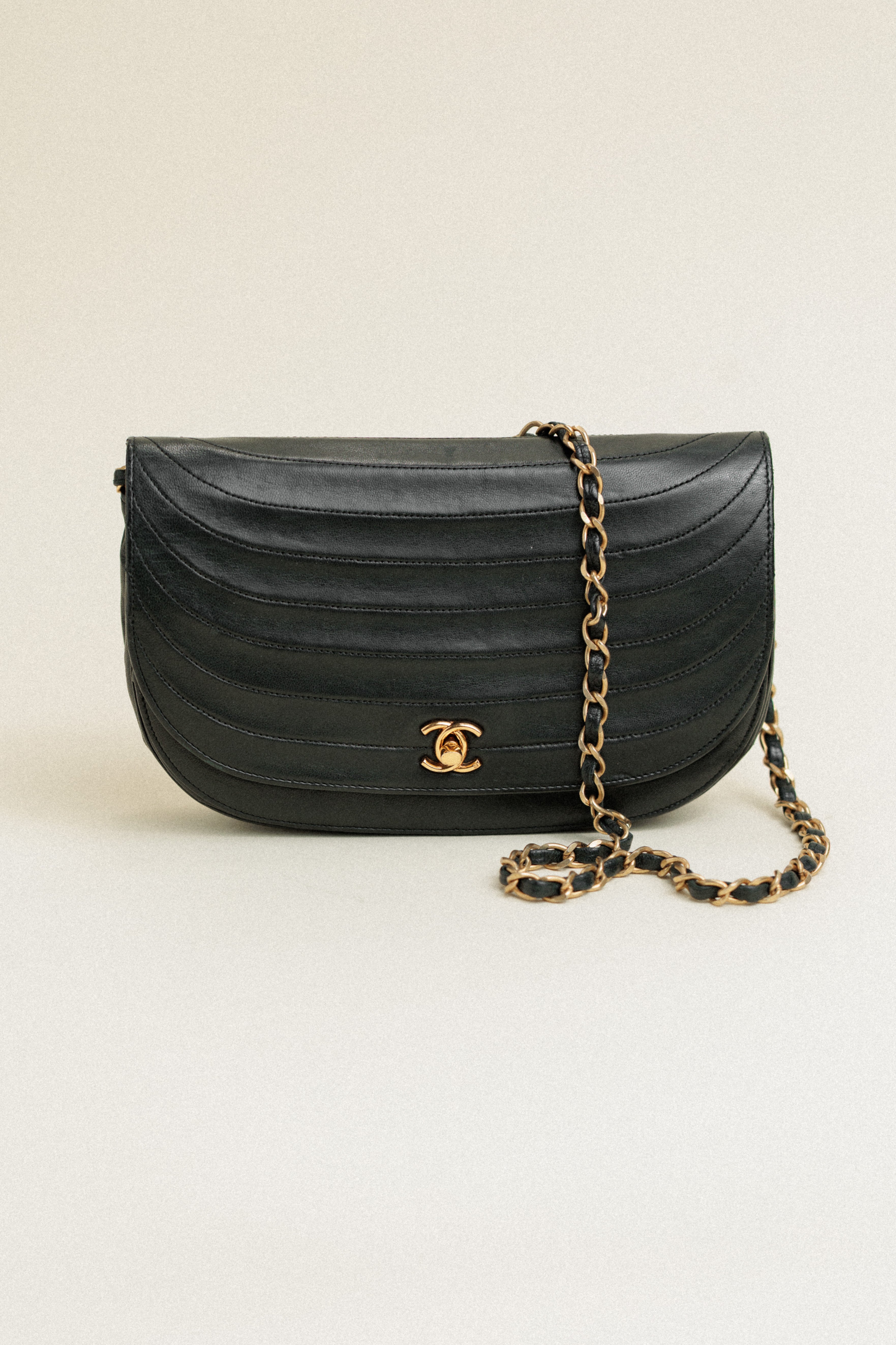 Chanel Vintage Half Moon Flap Bag lambskin Unique Quilting Black
