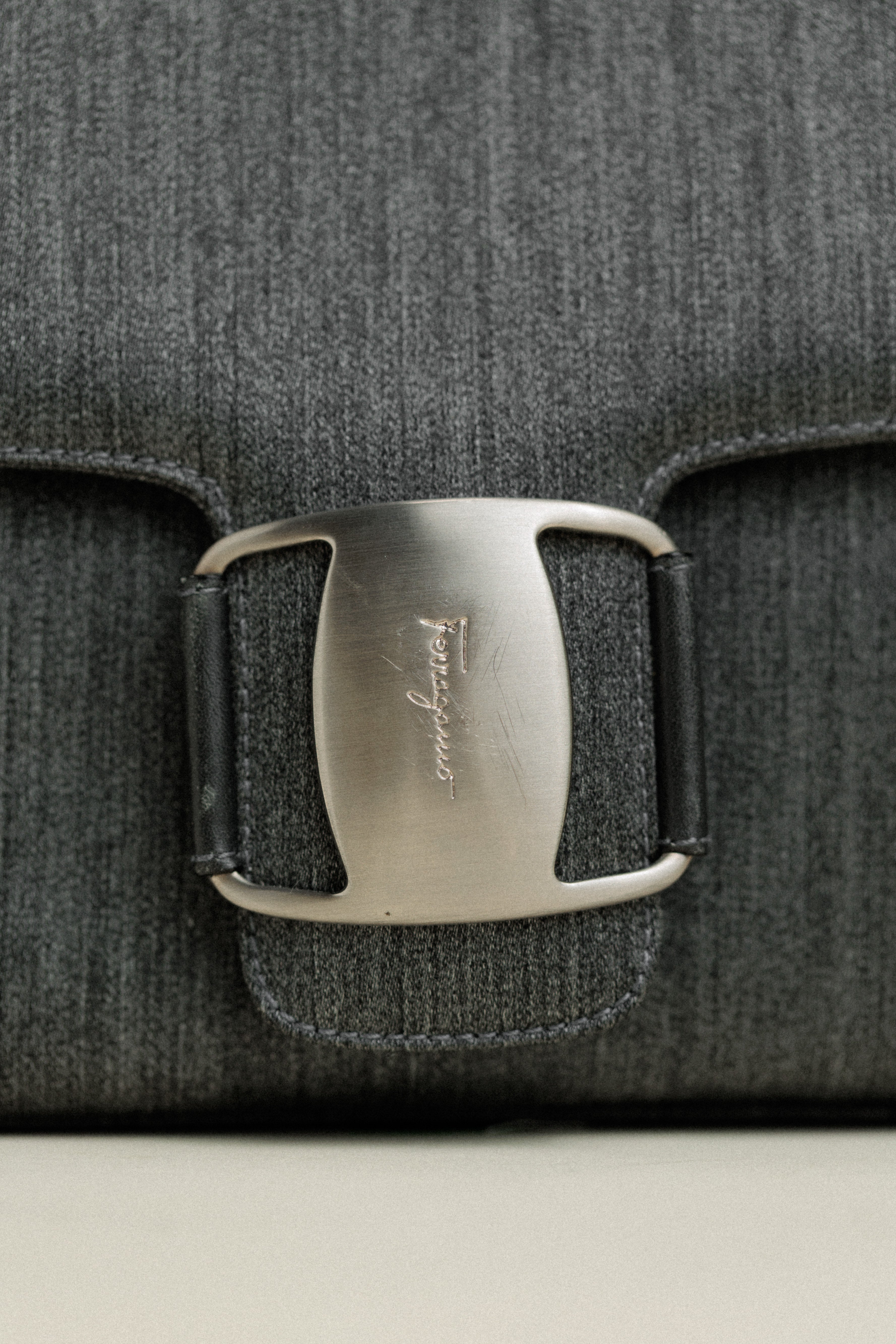 Salvatore Ferragamo Vintage Gray Twill Letter Vara Shoulder Bag