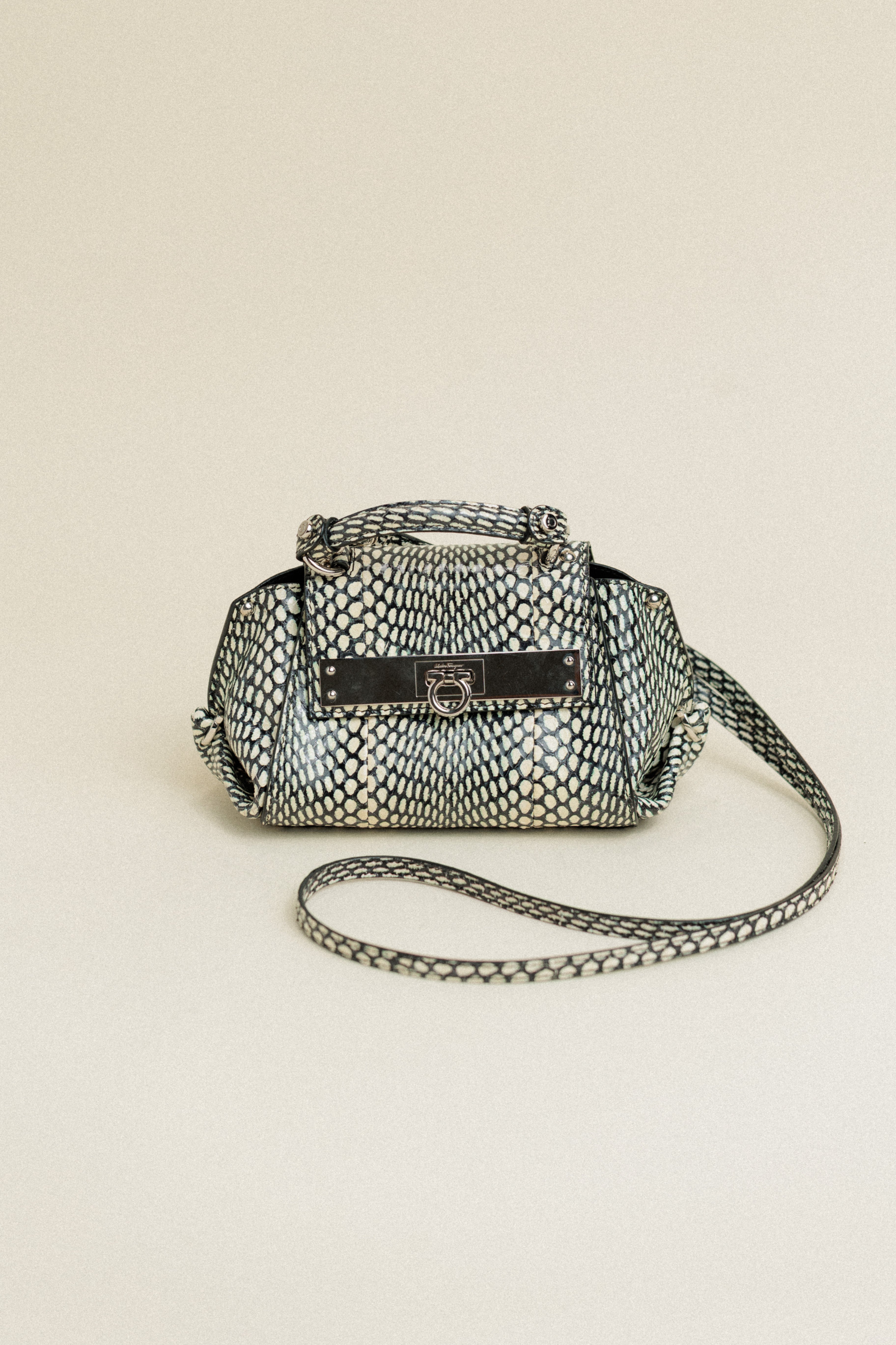 Salvatore Ferragamo Black and White Python Mini Sofia Crossbody Bag