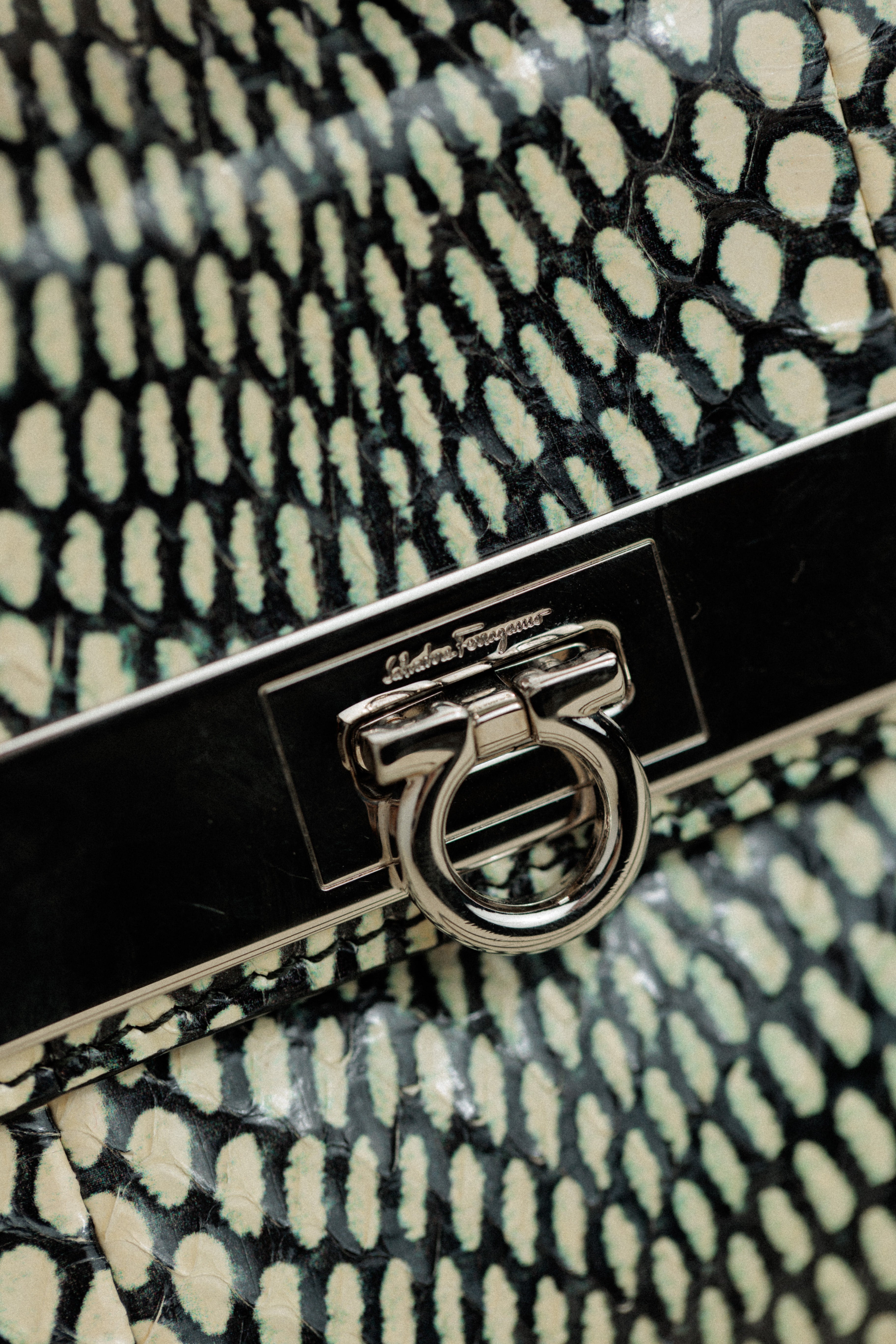 Salvatore Ferragamo Black and White Python Mini Sofia Crossbody Bag