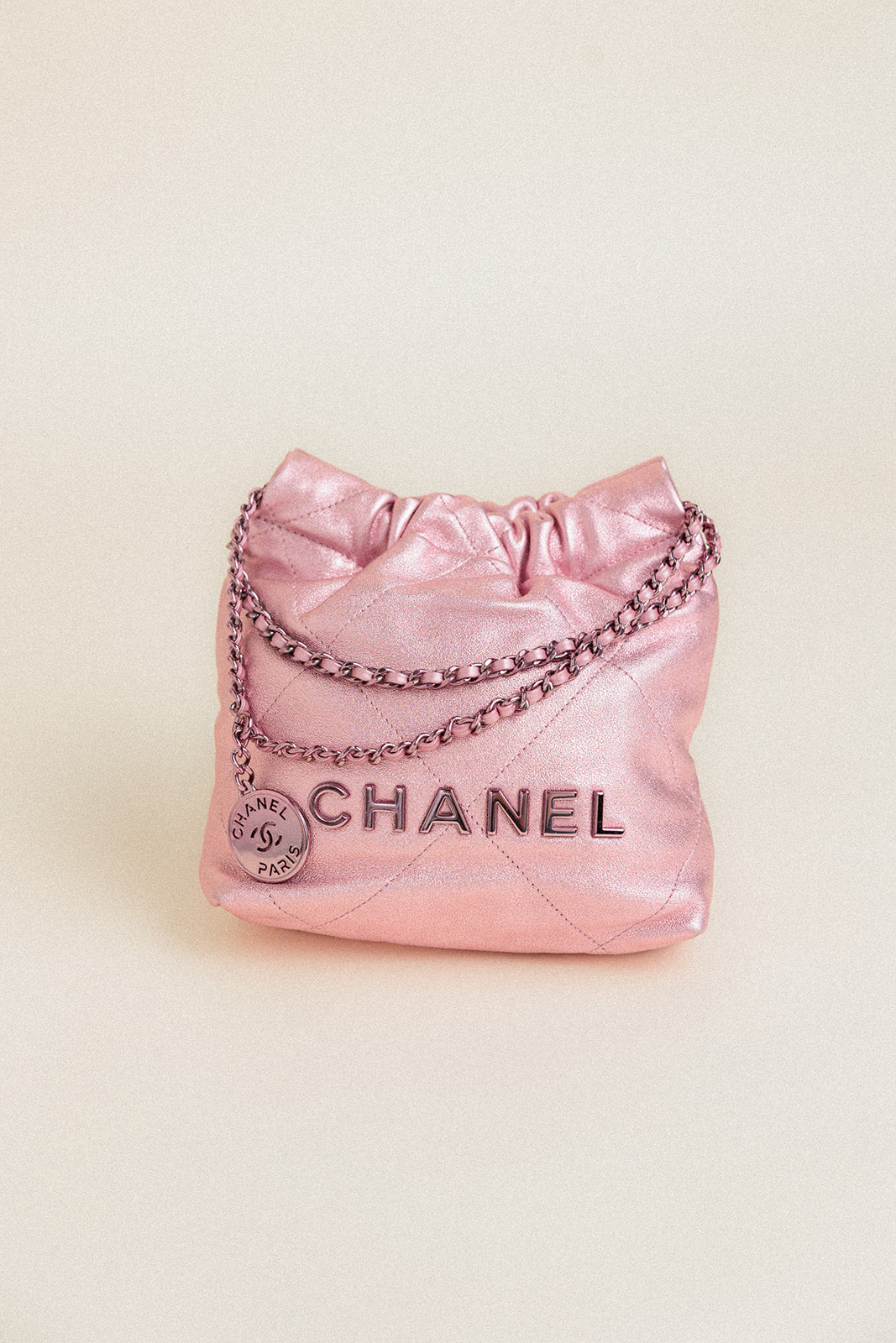 Chanel 22 Drawstring Hobo Bag Mini Metallic Pink