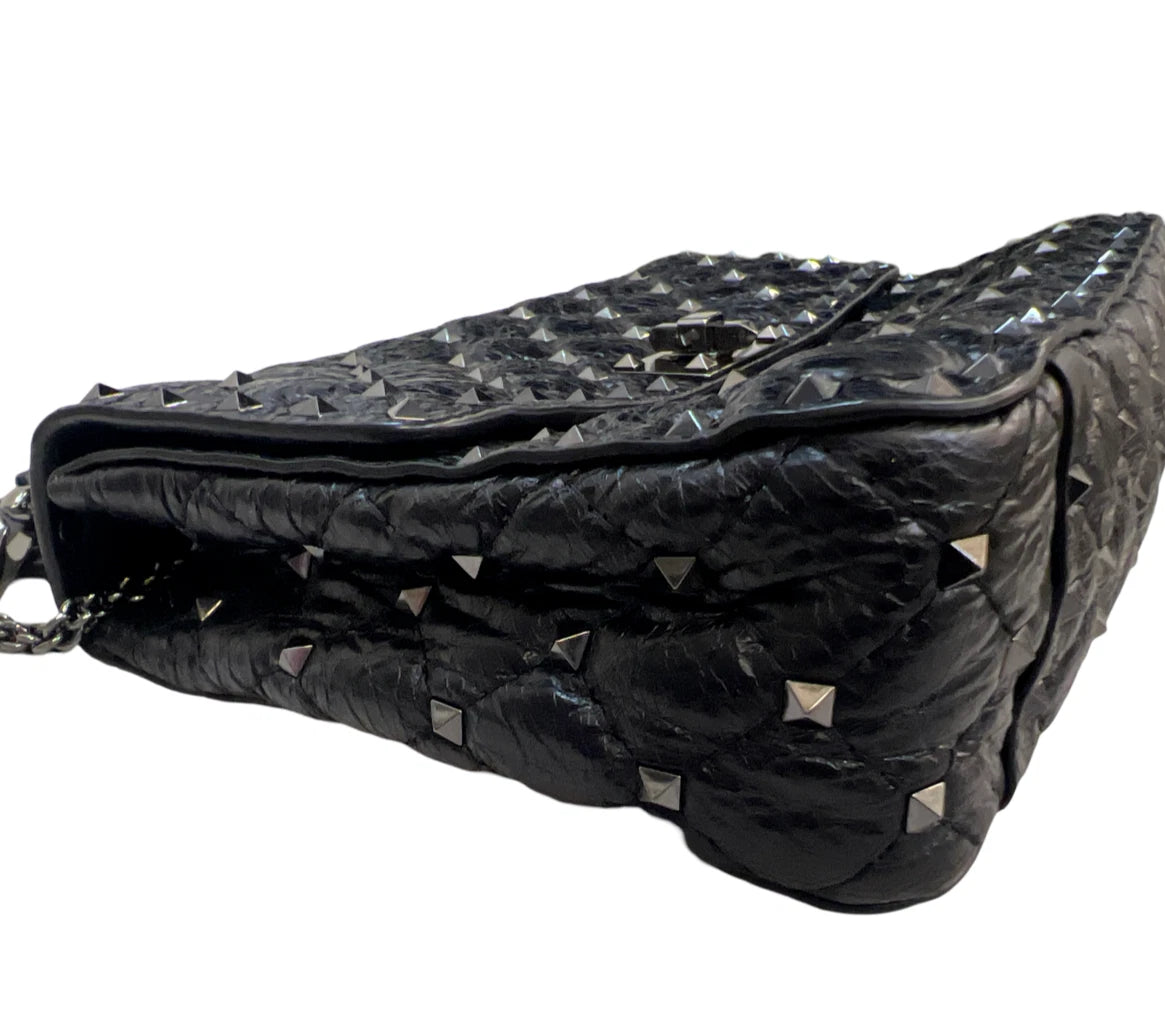 VALENTINO GARAVANI Craquele Nappa Medium Rockstud Spike Shoulder Bag Black Purse