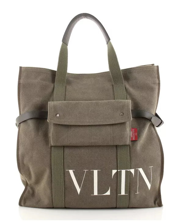 Authentic Valentino Garavani VLTN Logo Canvas Tote Khaki
