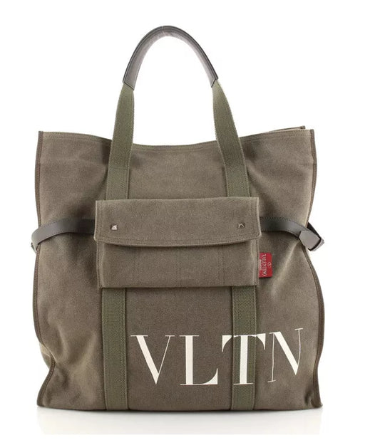 Authentic Valentino Garavani VLTN Logo Canvas Tote Khaki