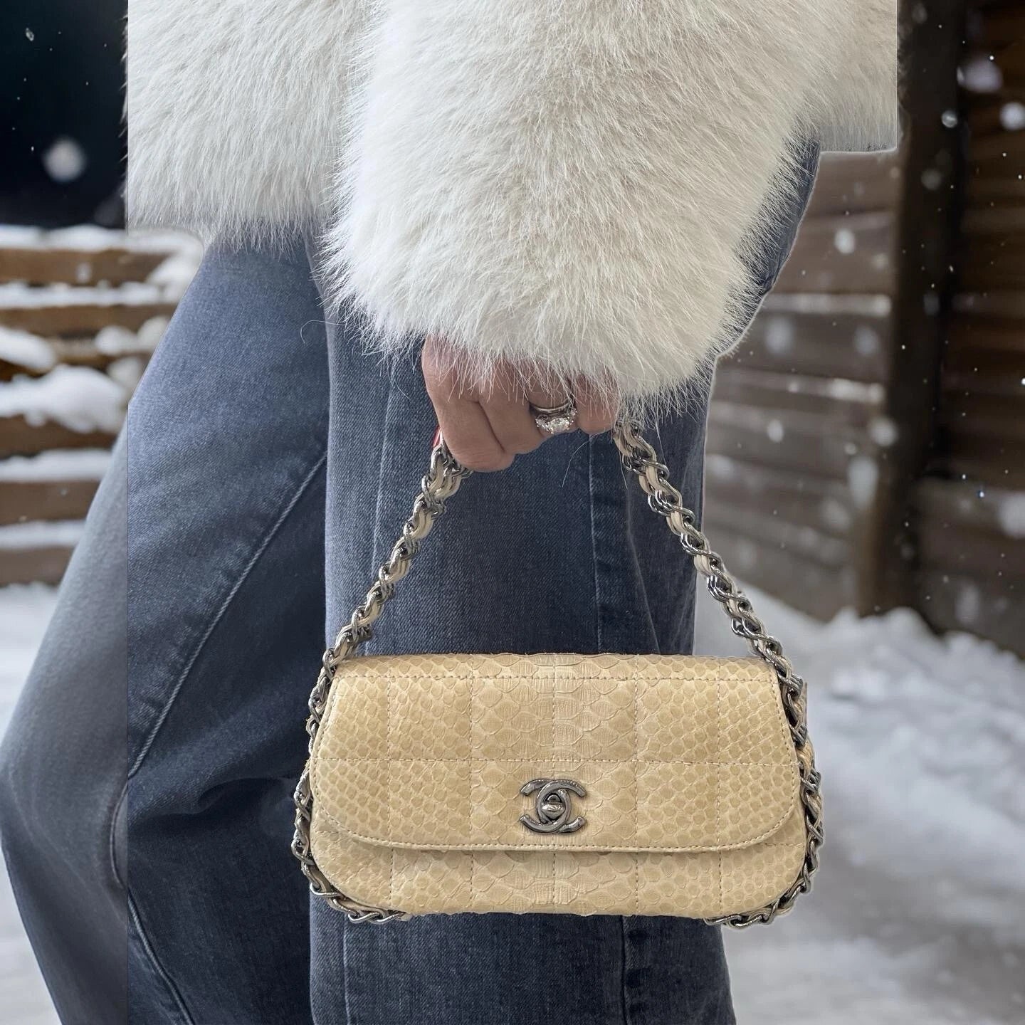 CHANEL Bag Classic Flap Small Gold Beige Snakeskin Three Chain Handle Bag