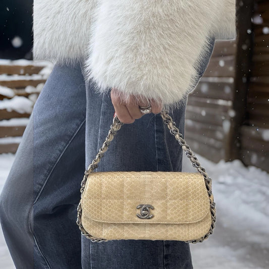 CHANEL Bag Classic Flap Small Gold Beige Snakeskin Three Chain Handle Bag