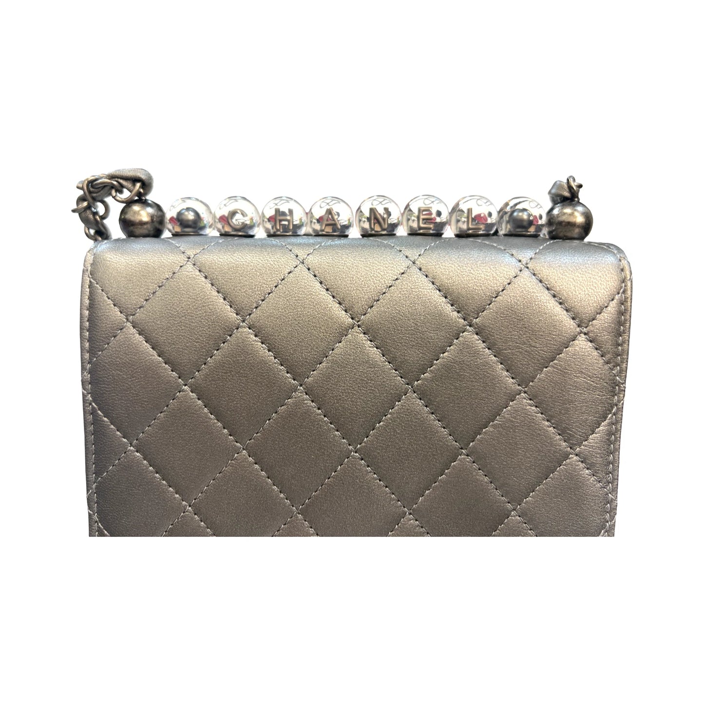 Chanel Chic Pearls Flap Bag Quilted Goatskin with Acrylic Beads Silver Pewter