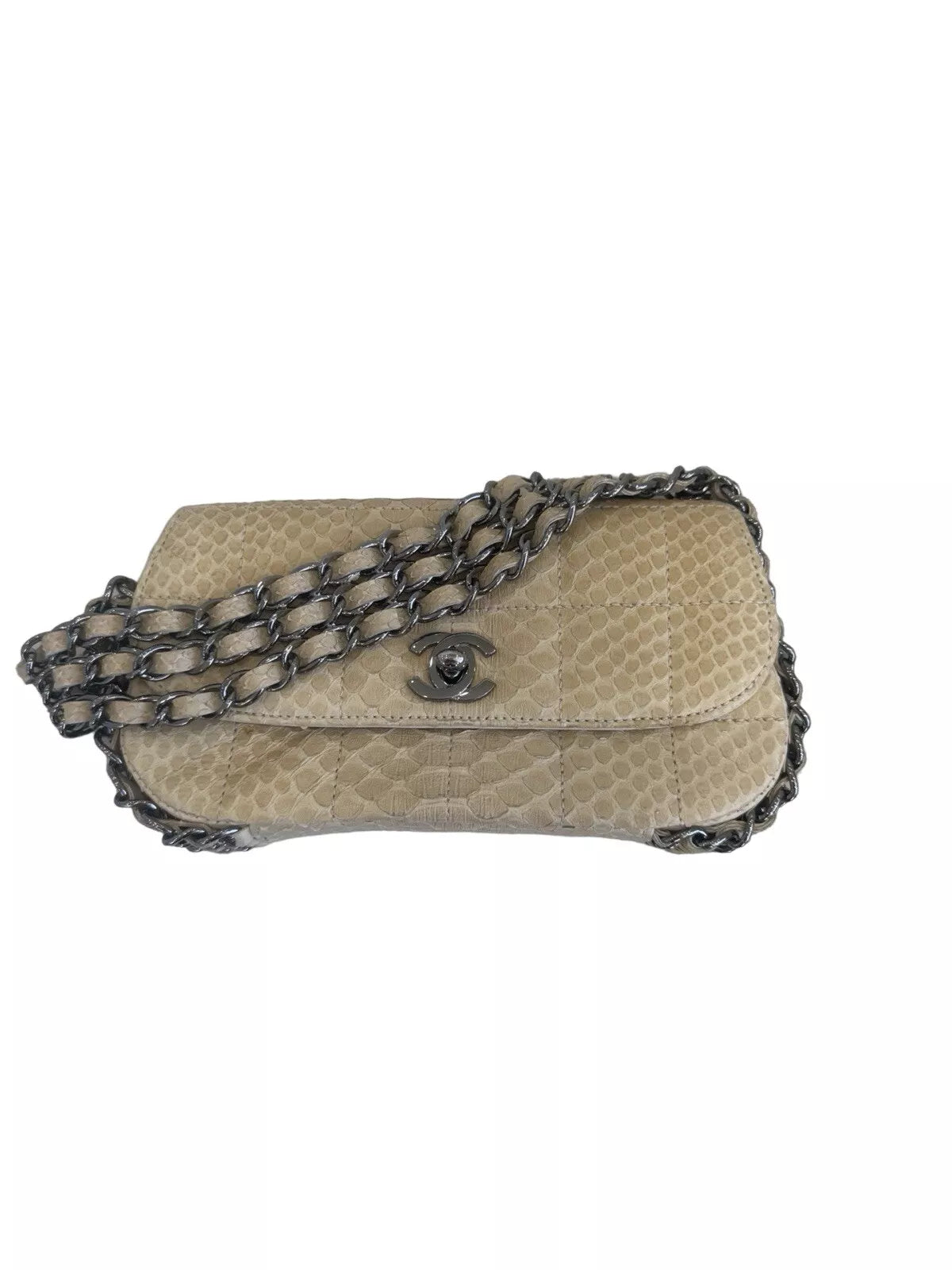 CHANEL Bag Classic Flap Small Gold Beige Snakeskin Three Chain Handle Bag