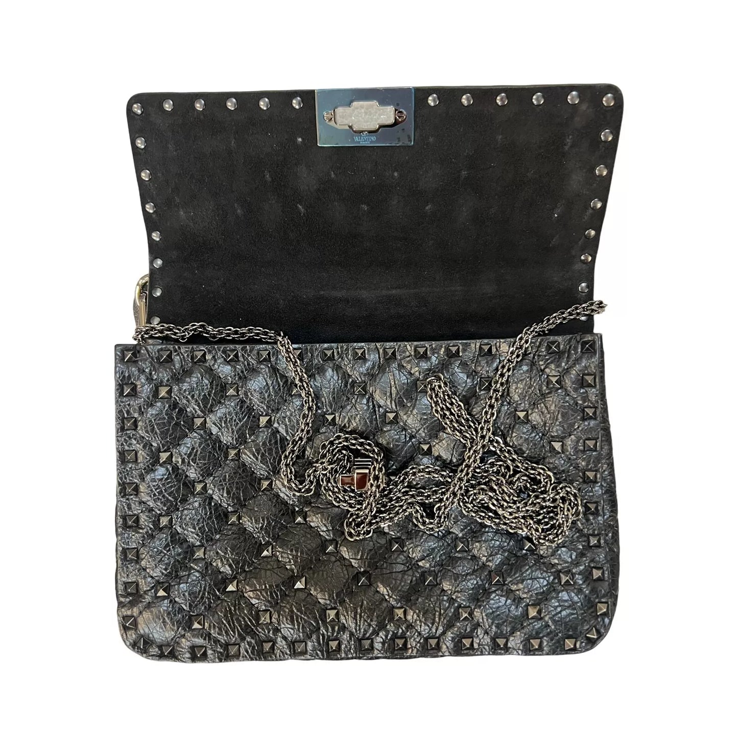 VALENTINO GARAVANI Craquele Nappa Medium Rockstud Spike Shoulder Bag Black Purse