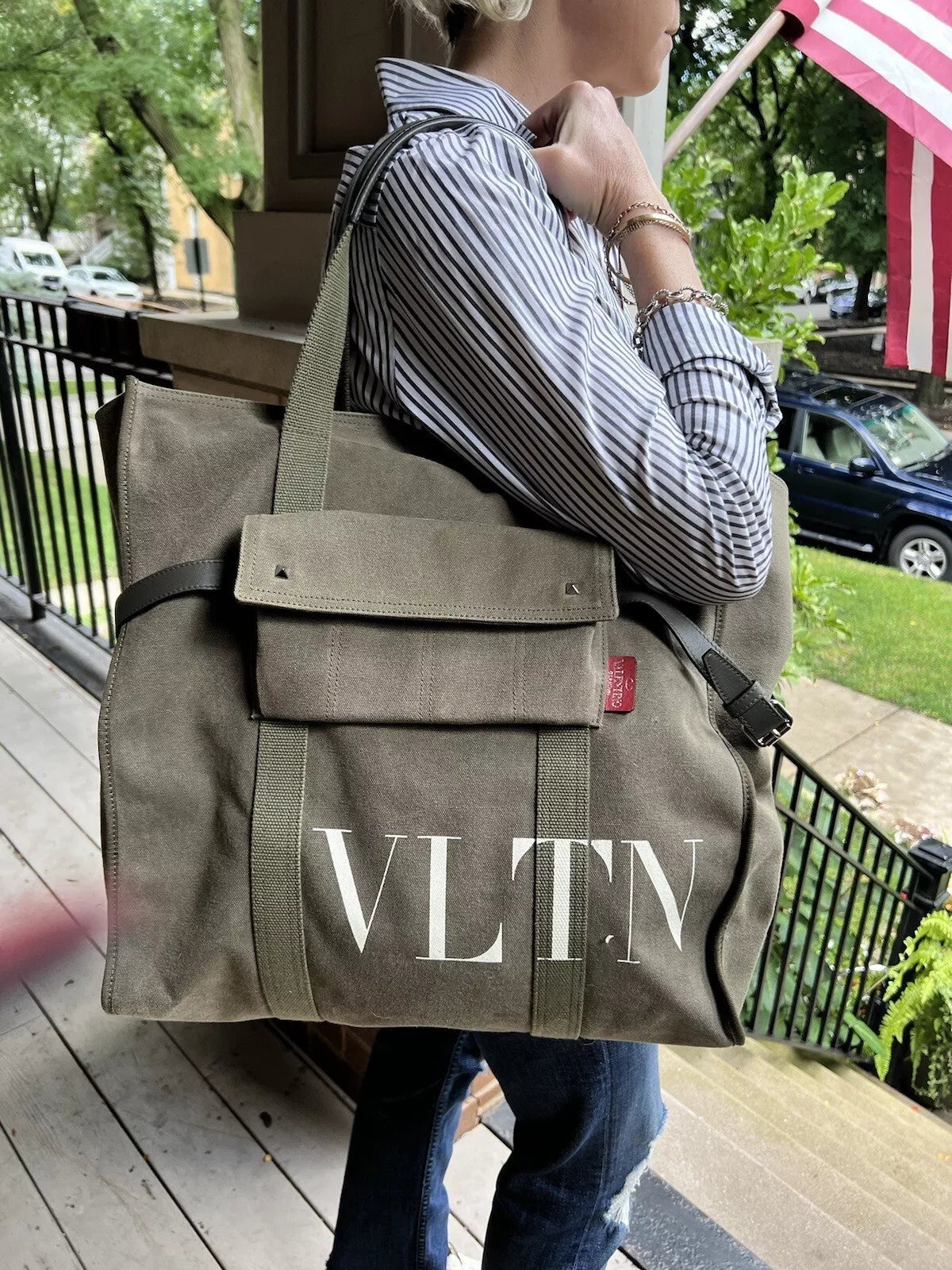 Authentic Valentino Garavani VLTN Logo Canvas Tote Khaki