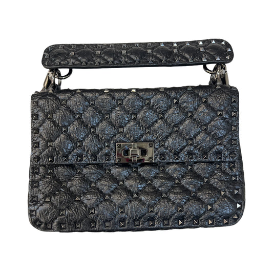 VALENTINO GARAVANI Craquele Nappa Medium Rockstud Spike Shoulder Bag Black Purse