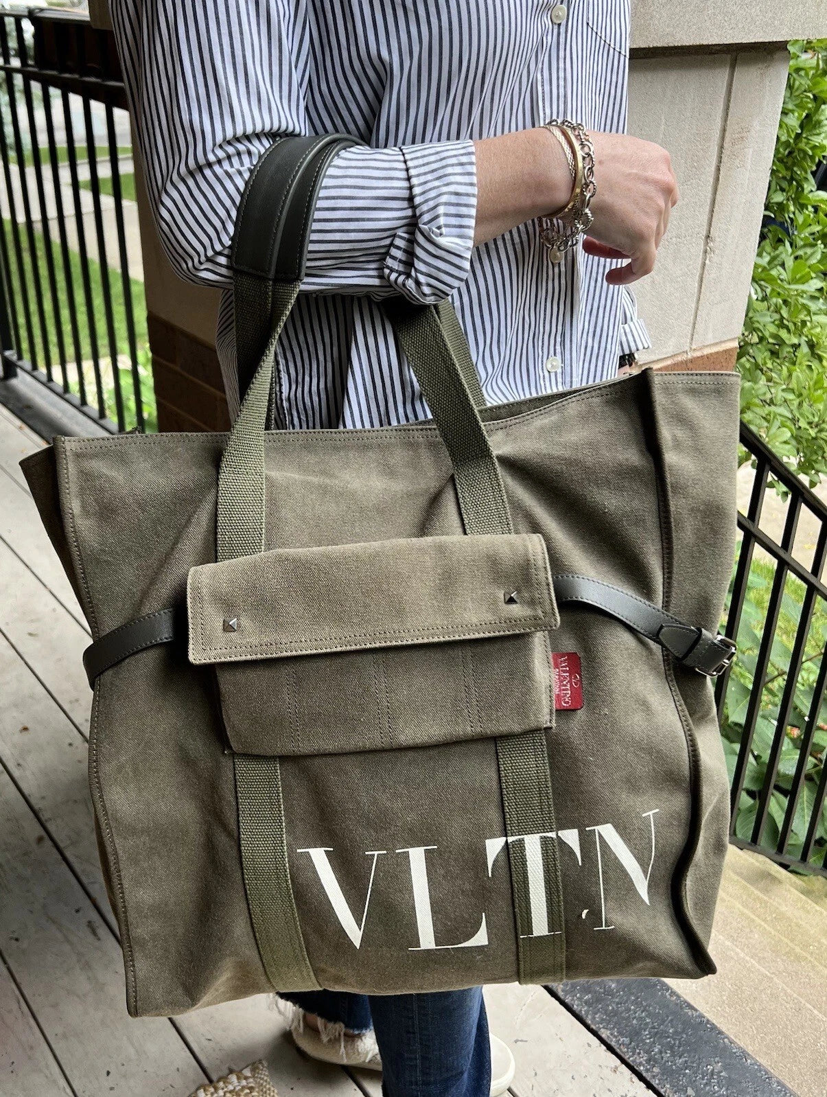 Authentic Valentino Garavani VLTN Logo Canvas Tote Khaki
