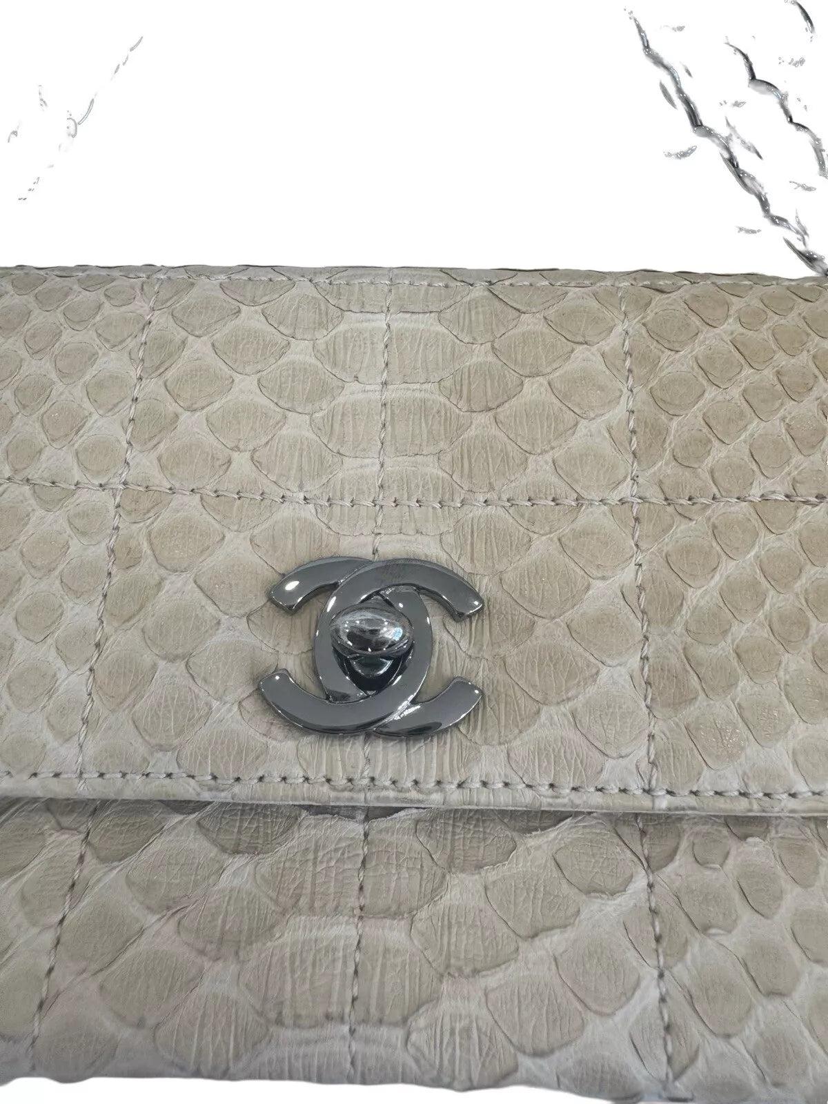 CHANEL Bag Classic Flap Small Gold Beige Snakeskin Three Chain Handle Bag