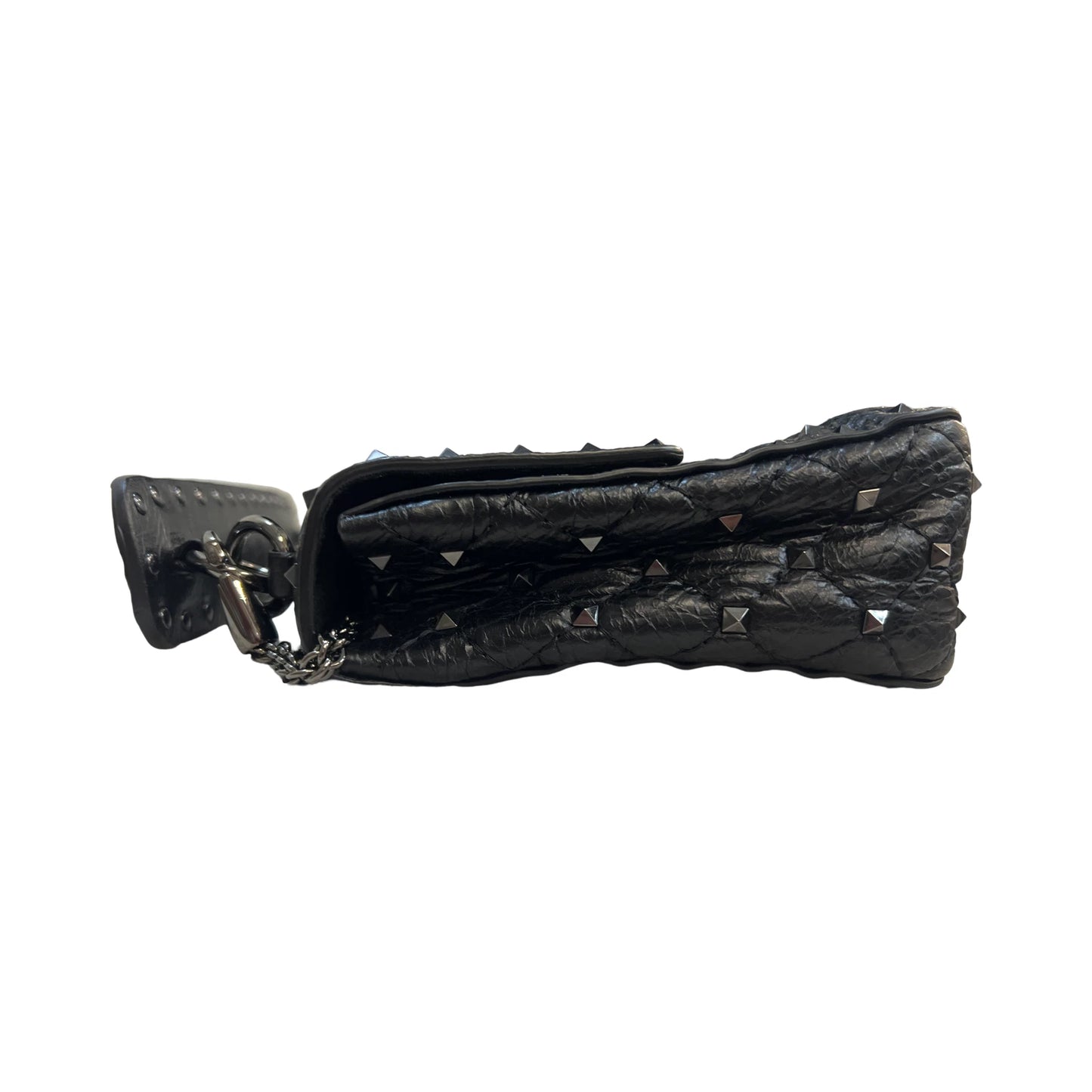 VALENTINO GARAVANI Craquele Nappa Medium Rockstud Spike Shoulder Bag Black Purse
