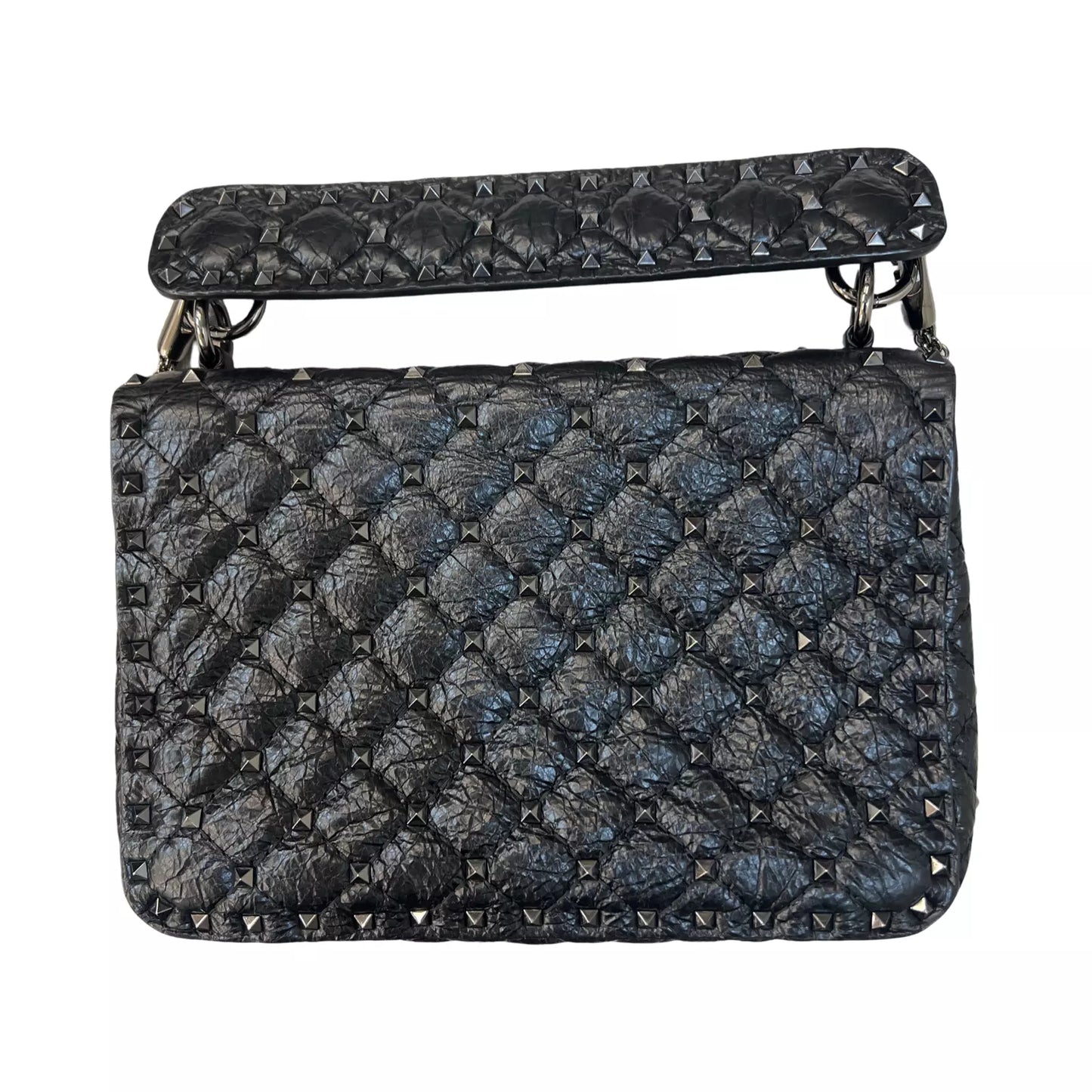 VALENTINO GARAVANI Craquele Nappa Medium Rockstud Spike Shoulder Bag Black Purse