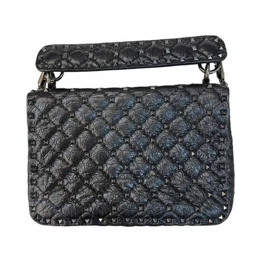 VALENTINO GARAVANI Craquele Nappa Medium Rockstud Spike Shoulder Bag Black Purse