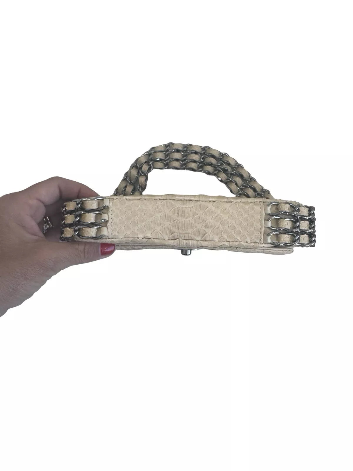 CHANEL Bag Classic Flap Small Gold Beige Snakeskin Three Chain Handle Bag