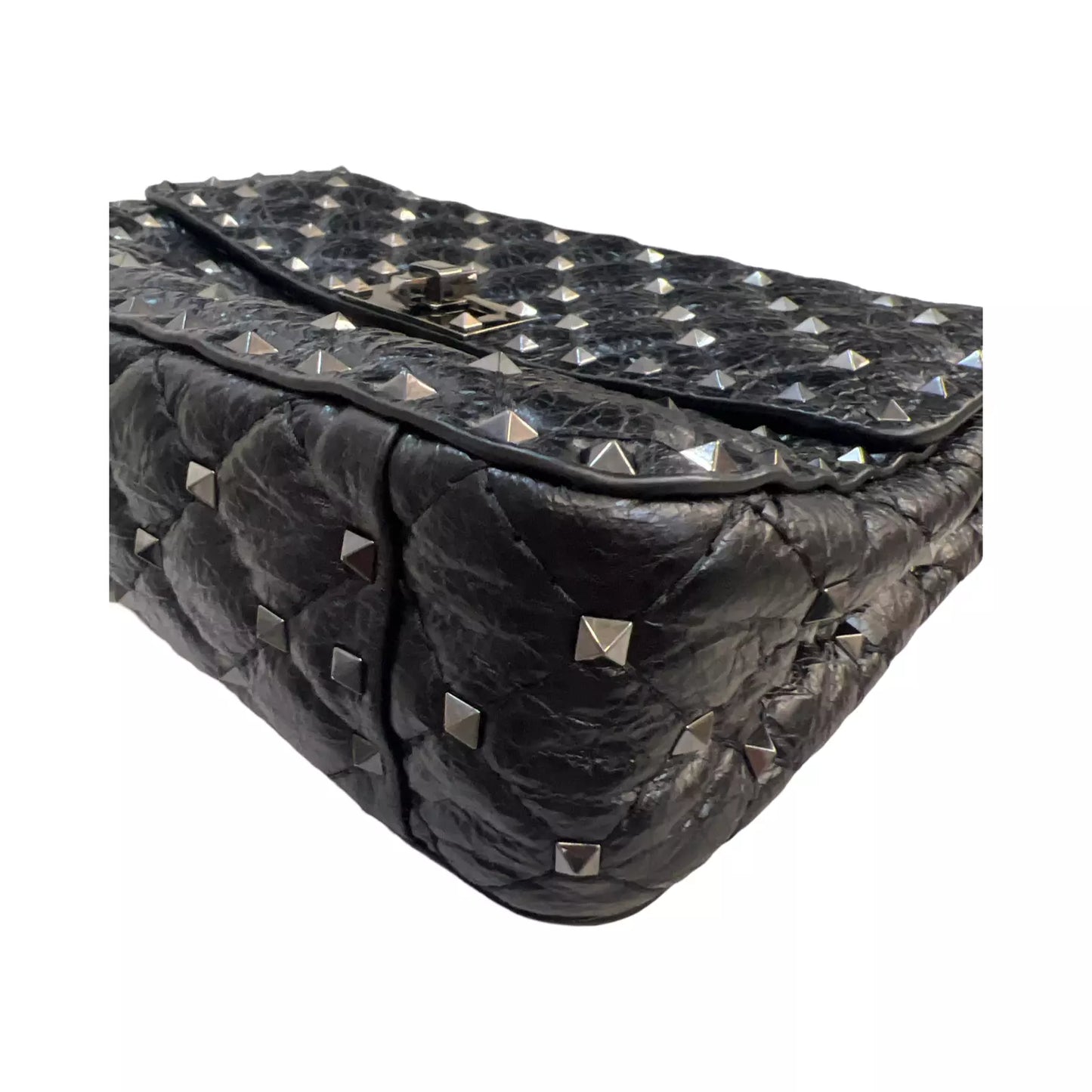 VALENTINO GARAVANI Craquele Nappa Medium Rockstud Spike Shoulder Bag Black Purse