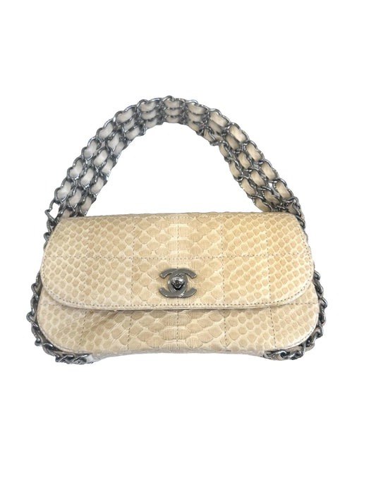 CHANEL Bag Classic Flap Small Gold Beige Snakeskin Three Chain Handle Bag